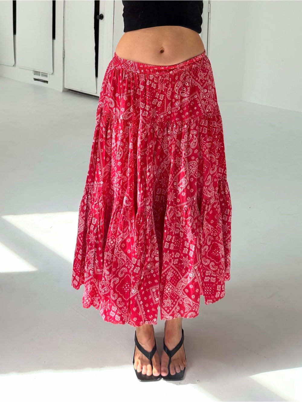 Vintage Flowy Red & White Bandana Print Maxi Skirt